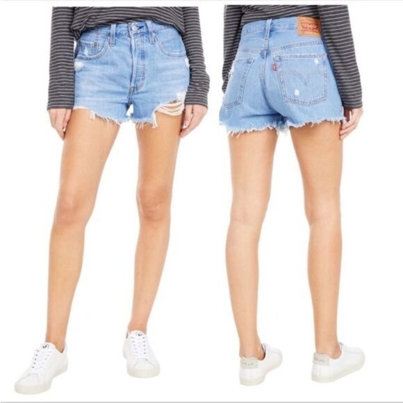 LEVI'S 501 High Rise Denim Shorts distressedSansome Stranger frayed hem 25 - Picture 11 of 11